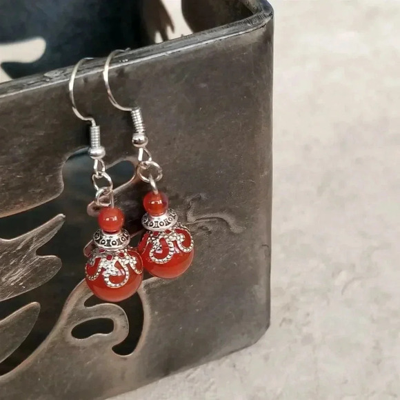 Hand Crafted Carnelian Victorian Lace Art Nouveau Gemstone Bead Drop Earrings - Picture 7 of 7